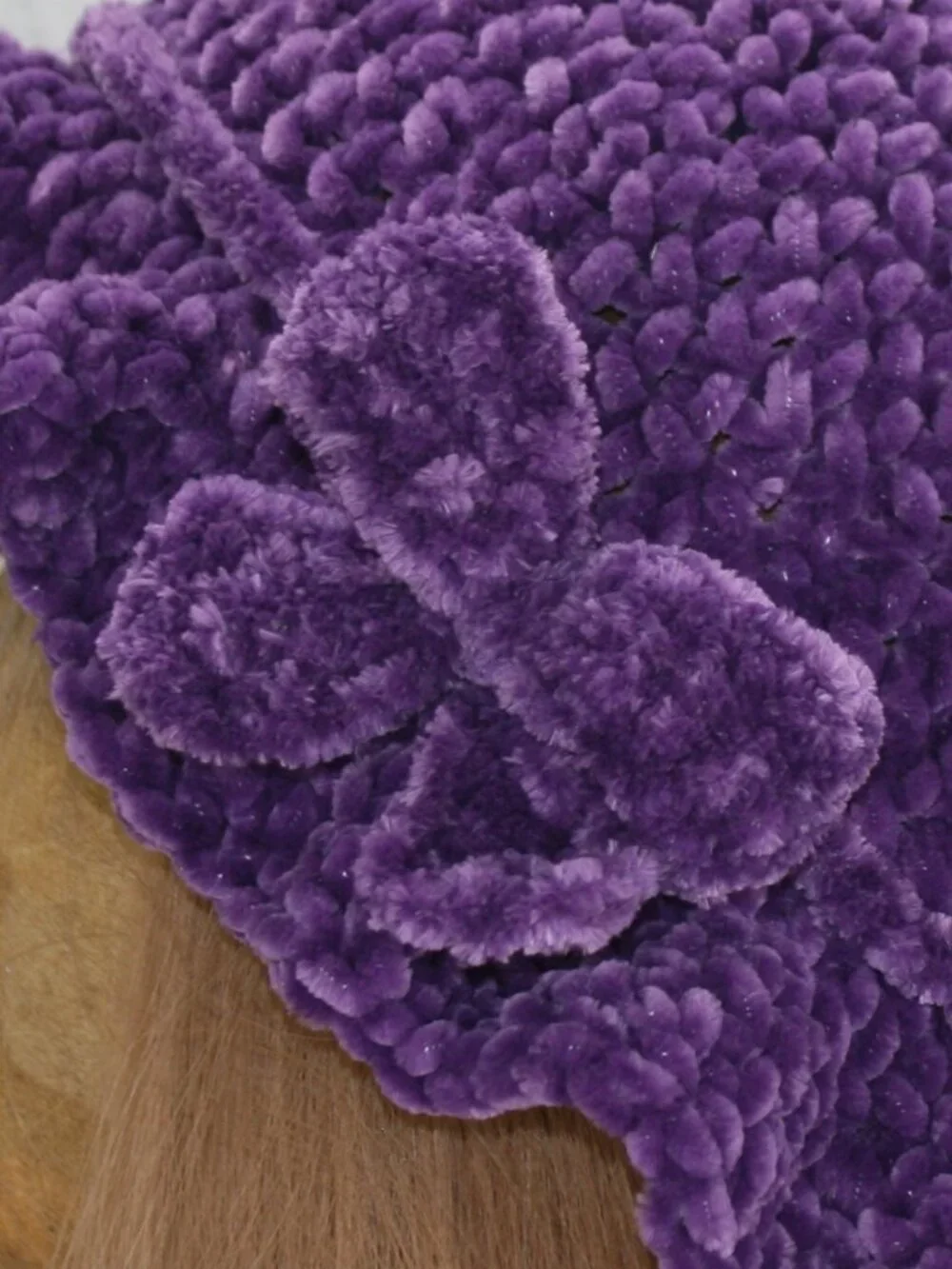 HAND CRAFTED Hat Crochet Bucket Chenille Winter Medium Ruffle Wide Brim Purple